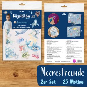 Unterwasser Bügelbilder 2er Set, Wasserfarbe Ozean Fische Grafiken zum Aufbügeln, Blauwal Bügeln für Kinder Tshirt Meerjungfrau, Delfin Süß