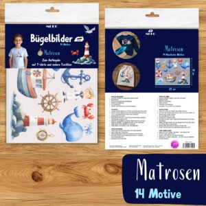 Bügelset Matrosen – 14 maritime Aquarell Motive mit Schiff, Wal & Leuchtturm zum Aufbügeln für Kinder Kleidung, Nordsee Fischer Tshirt