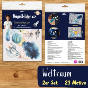Weltraum Reise Bügelbilder, Wasserfarbe Grafiken zum Aufbügeln, Raumschiff, Planeten und Sterne, Niedliche Illustrationen für Kinder Tshirt
