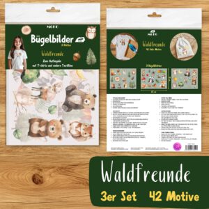 Waldfreunde Bügelbilder 3er Set, Wasserfarbe Niedliche Waldtiere Grafiken zum Aufbügeln, Eule Illustrationen für Kinder Tshirt, Bär, Fuchs