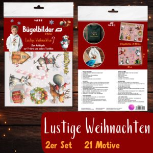Bügelset Weihnachten – 2er Set lustige Aquarell Motive mit Rentier, Cartoon Santa & Pinguin zum Aufbügeln für Kinder Kleidung, Winter Spaß