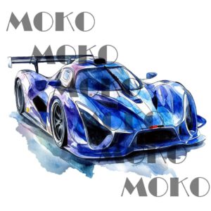 Rennwagen Bügelbild, Blaues Auto Motiv mit Farbspritzern in Wasserfarbe zum Aufbügeln, Cooles Fahrzeug Design für Kinder T-Shirt und Stoffe