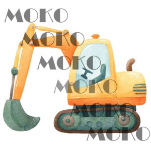 Bagger Bügelbild, Gelbes Baustellenfahrzeug Motiv in Wasserfarbe zum Aufbügeln, Lustiges Baufahrzeug Design für Kinder T-Shirt und Stoffe