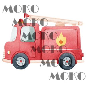 Feuerwehrauto Bügelbild, Lustiges Fahrzeug Motiv in Wasserfarbe zum Aufbügeln, Rettungswagen Design für Kinder T-Shirt und Stoffe