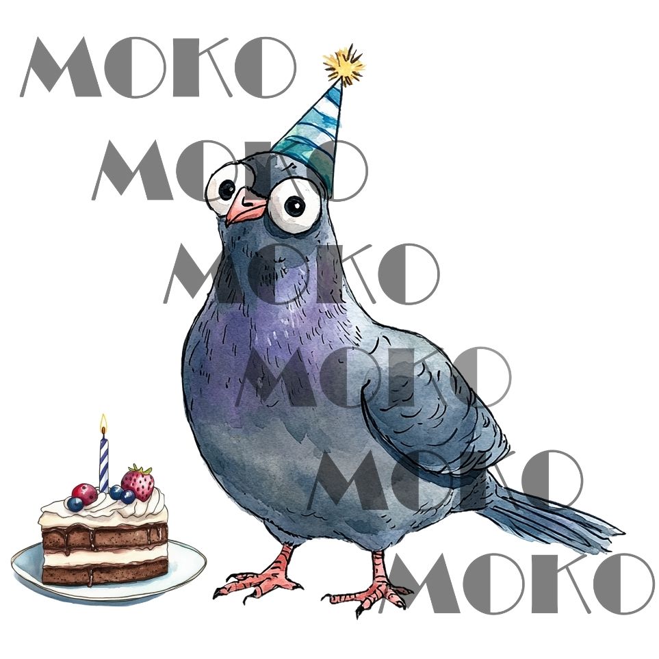 Taube Bügelbild, Lustiges Geburtstag Motiv mit Torte und Partyhut in Wasserfarbe zum Aufbügeln, Witziges Vogel Design für Kinder T-Shirt und Stoffe