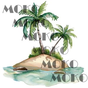 Insel Bügelbild, Tropisches Landschafts Motiv in Wasserfarbe zum Aufbügeln, Sommerliches Strand Design für T-Shirt und Stoffe
