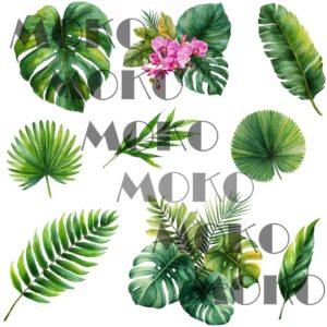 Dschungel Blätter Bügelbild, Tropisches Pflanzen Motiv in Wasserfarbe zum Aufbügeln, Grünes Natur Design für T-Shirt und Stoffe