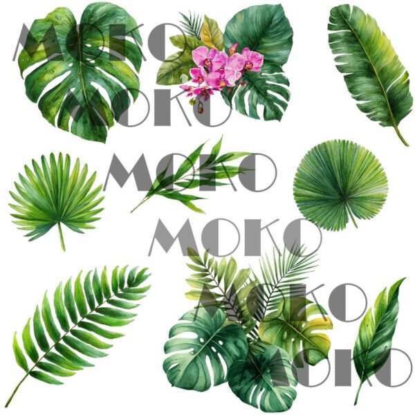 Dschungel Blätter Bügelbild, Tropisches Pflanzen Motiv in Wasserfarbe zum Aufbügeln, Grünes Natur Design für T-Shirt und Stoffe