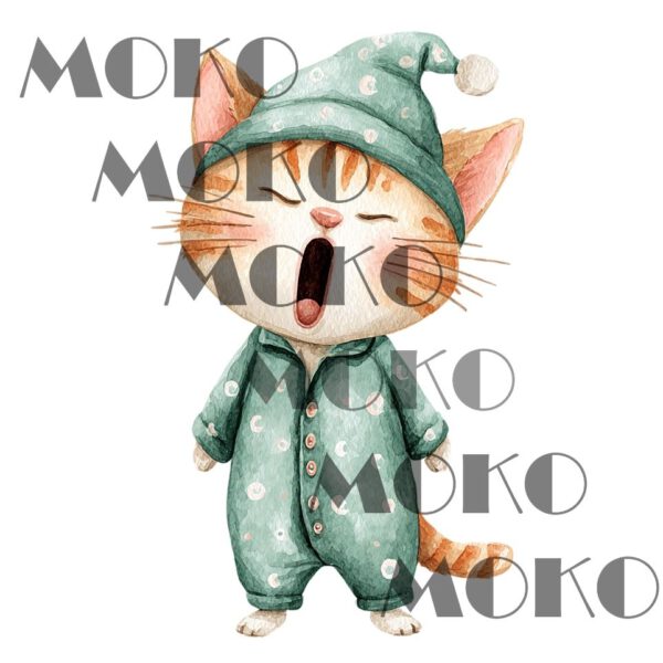 Katze Bügelbild, Süßes Kätzchen im Schlafanzug gähnend Motiv in Wasserfarbe zum Aufbügeln, Lustiges Tier Design für Kinder T-Shirt und Stoffe