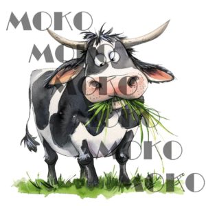 Kuh Bügelbild, Lustiges Cartoon Motiv mit fressender Kuh in Wasserfarbe zum Aufbügeln, Niedliches Bauernhof Tier Design für Kinder T-Shirt und Stoffe