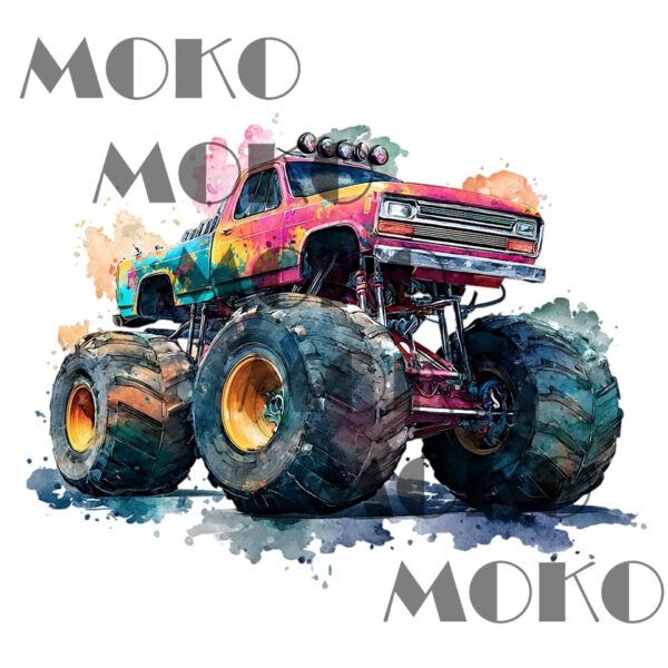 Monstertruck Bügelbild, Cooles Orangenes Fahrzeug Motiv mit Farbspritzer in Wasserfarbe zum Aufbügeln, Trendiges Auto Design für Kinder T-Shirt und Stoffe