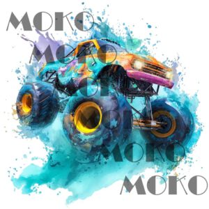 Monstertruck Bügelbild, Cooles Gelbes Fahrzeug Motiv mit Blauen Farbspritzer in Wasserfarbe zum Aufbügeln, Trendiges Auto Design für Kinder T-Shirt und Stoffe