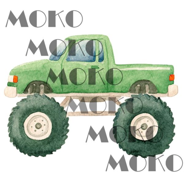 Monstertruck Bügelbild, Süßes Grünes Fahrzeug Motiv mit Farbspritzer in Wasserfarbe zum Aufbügeln, Trendiges Auto Design für Kinder T-Shirt und Stoffe