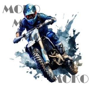 Motocross Bügelbild, Cooles Blaues Motorrad Motiv mit Fahrer beim Fahren und Farbspritzern in Wasserfarbe zum Aufbügeln, Trendiges Sport Design für Kinder T-Shirt und Stoffe
