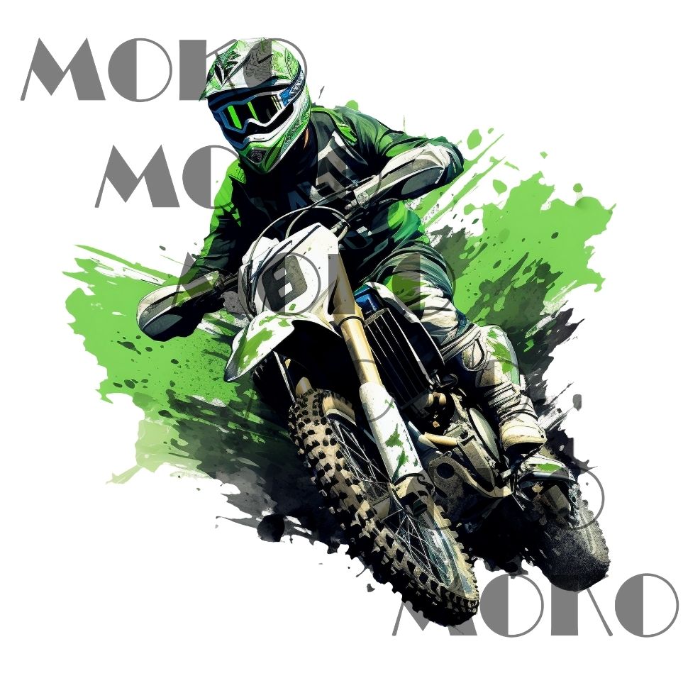 Motocross Bügelbild, Cooles Grün Motorrad Motiv mit Fahrer beim Fahren und Farbspritzern in Wasserfarbe zum Aufbügeln, Trendiges Sport Design für Kinder T-Shirt und Stoffe