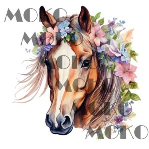 Pferd Bügelbild, Schönes Motiv mit floral verziertem Gesicht in Wasserfarbe zum Aufbügeln, Künstlerisches Tier Design für T-Shirt und Stoffe