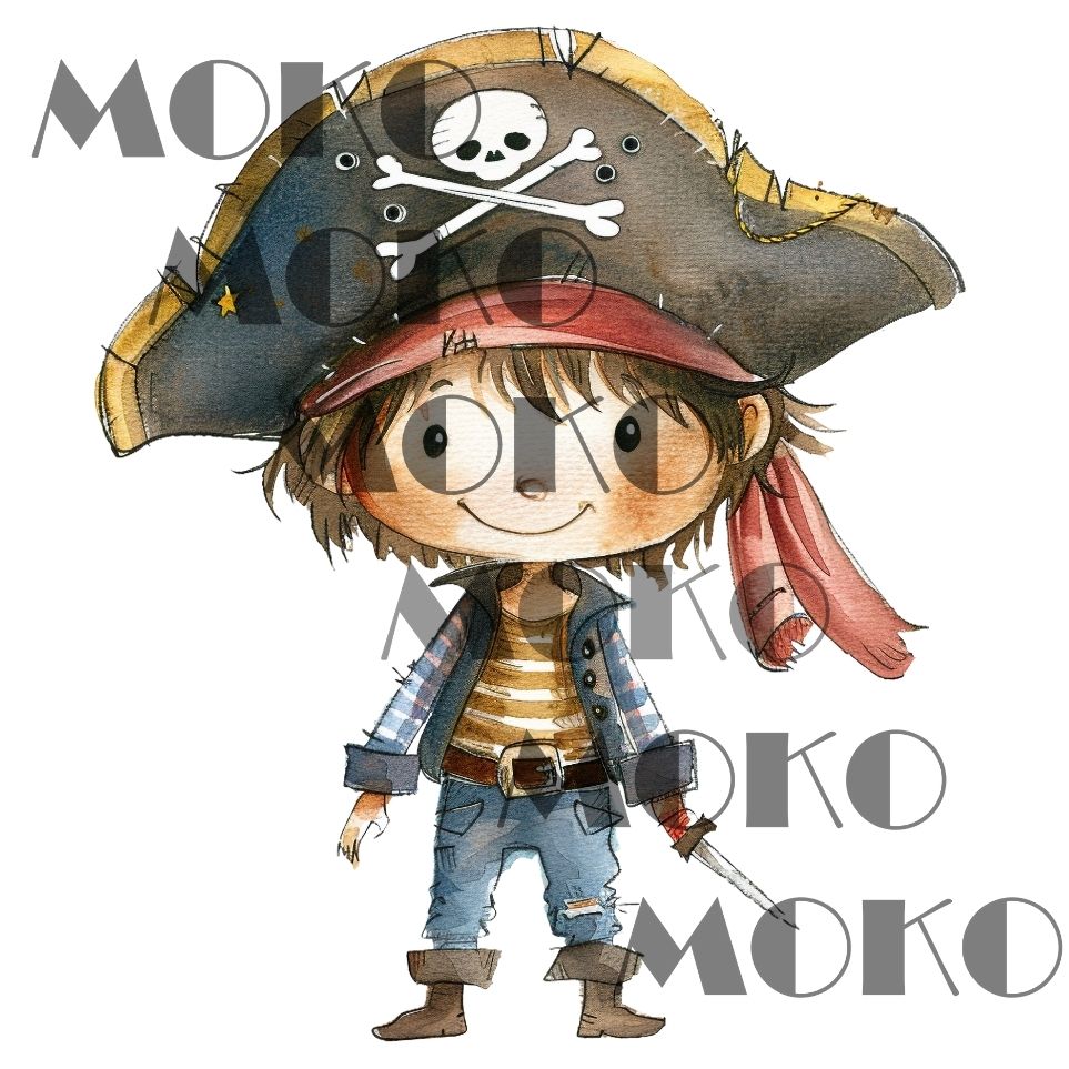 Pirat Bügelbild, Süßer Junge im Cartoon Stil Motiv in Wasserfarbe zum Aufbügeln, Lustiges Kinder Design für T-Shirt und Stoffe