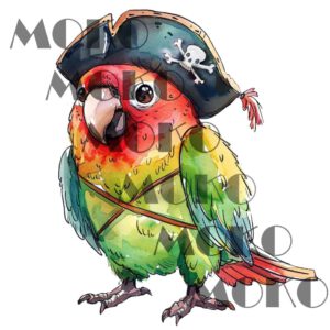Pirat Papagei Bügelbild, Lustiges Vogel Motiv mit Piratenhut in Wasserfarbe zum Aufbügeln, Niedliches Tier Design für Kinder T-Shirt und Stoffe