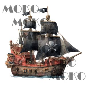 Piratenschiff Bügelbild, Cartoon Schiff Motiv in Wasserfarbe zum Aufbügeln, Maritimes Abenteuer Design für Kinder T-Shirt und Stoffe
