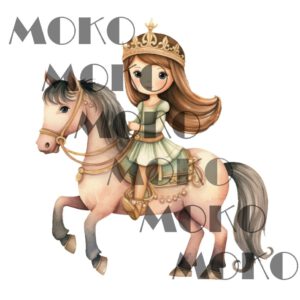 Prinzessin Bügelbild, Süßes Motiv auf Pferd in Wasserfarbe zum Aufbügeln, Reitende Prinzessin, Märchenhaftes Kinder Design für T-Shirt und Stoffe
