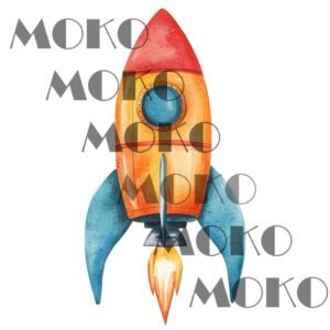 Raumschiff Bügelbild, Gelbes und Rotes Raumschiff Motiv in Wasserfarbe zum Aufbügeln, Rakete, Süßes Weltraum Design für Kinder T-Shirt und Stoffe