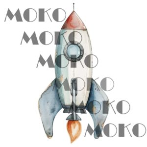 Raumschiff Bügelbild, Weißes Raumschiff Motiv in Wasserfarbe zum Aufbügeln, Rakete, Süßes Weltraum Design für Kinder T-Shirt und Stoffe