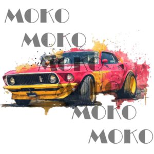 Muscle Car Bügelbild, Cooler Roter Vintage Wagen driftend mit Farbspritzern in Wasserfarbe zum Aufbügeln, Trendiges Auto Design für Kinder T-Shirt und Stoffe
