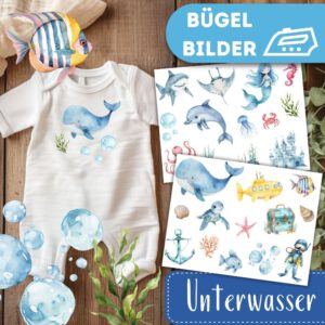 Unterwasser Bügelbilder 2er Set, Wasserfarbe Ozean Fische Grafiken zum Aufbügeln, Blauwal Bügeln für Kinder Tshirt Meerjungfrau, Delfin Süß