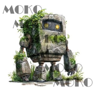 Stein Roboter Bügelbild, Cooler Maschinen Motiv mit Steinoptik in Wasserfarbe zum Aufbügeln, Futuristisches Design für Kinder T-Shirt und Stoffe