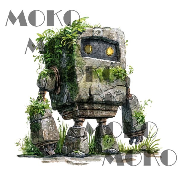 Stein Roboter Bügelbild, Cooler Maschinen Motiv mit Steinoptik in Wasserfarbe zum Aufbügeln, Futuristisches Design für Kinder T-Shirt und Stoffe