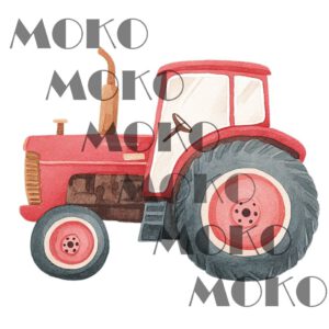 Traktor Bügelbild, Süßes Rotes 2D Fahrzeug Motiv in Wasserfarbe zum Aufbügeln, Niedliches Bauernhof Design für Kinder T-Shirt und Stoffe