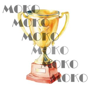 Pokal Bügelbild, Goldene Trophäe Motiv in Wasserfarbe zum Aufbügeln, Sportliches Sieger Design für T-Shirt und Stoffe