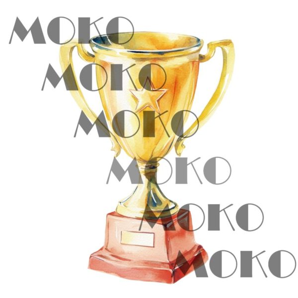 Pokal Bügelbild, Goldene Trophäe Motiv in Wasserfarbe zum Aufbügeln, Sportliches Sieger Design für T-Shirt und Stoffe
