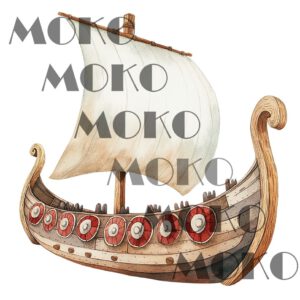 Wikingerschiff Bügelbild, Historisches Segelboot Motiv in Wasserfarbe zum Aufbügeln, Nordisches Abenteuer Design für T-Shirt und Stoffe