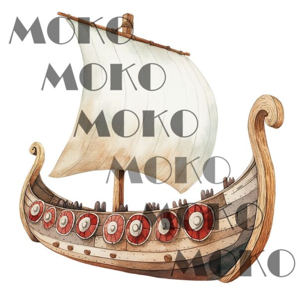 Wikingerschiff Bügelbild, Historisches Segelboot Motiv in Wasserfarbe zum Aufbügeln, Nordisches Abenteuer Design für T-Shirt und Stoffe