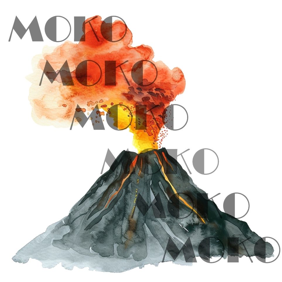 Vulkan Bügelbild, Rauchender Vulkan mit Lavaausbruch Motiv in Wasserfarbe zum Aufbügeln, Dramatisches Natur Design für T-Shirt und Stoffe