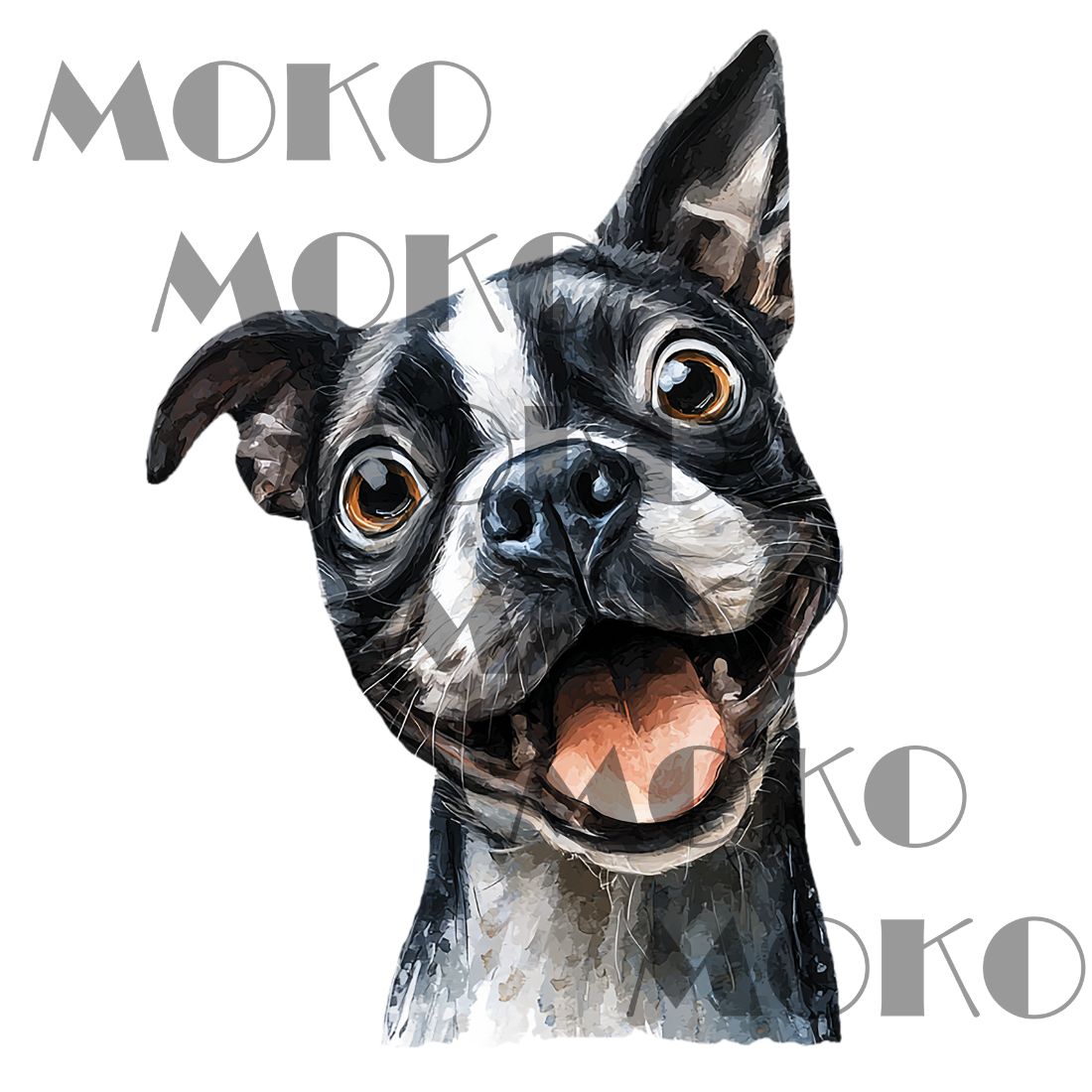 Boston Terrier Bügelbild, Fröhlicher Boston-Terrier-Kopf in Aquarelloptik, Niedliches Hundemotiv für Kinder T-Shirt, Hoodie und Stoffe