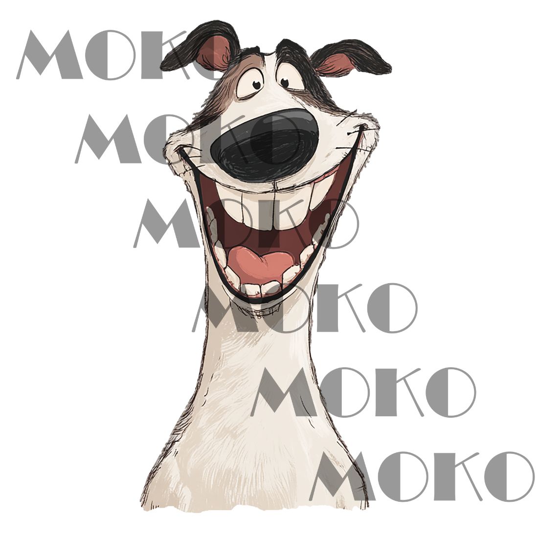 Hund Bügelbild, Lachender Cartoon-Hund mit langem Hals in Aquarelloptik, Lustiges Comic-Hundemotiv für Kinder T-Shirt, Hoodie und Stoffe