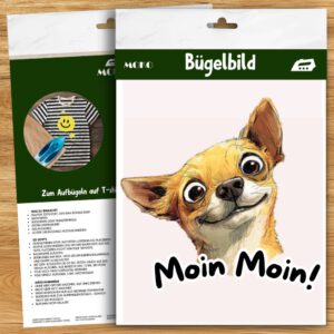 Chihuahua Bügelbild „Moin Moin“, Süßer Chihuahua Hundekopf mit schiefem Blick in Aquarelloptik, Norddeutsches Hundemotiv für Kinder T-Shirt, Hoodie und Stoffe