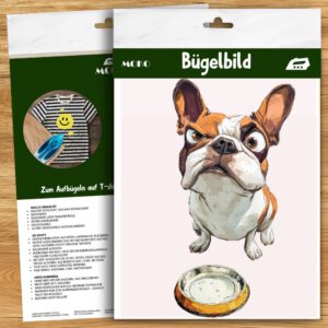 Französische Bulldogge Bügelbild, Erwartungsvolle Bulldogge vor Futternapf in Aquarelloptik, Lustiges Cartoon-Hundemotiv für Kinder T-Shirt, Hoodie und Stoffe