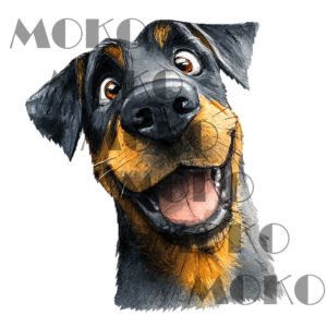 Rottweiler Bügelbild, Fröhlicher Rottweilerkopf in Aquarelloptik, Niedliches Hundemotiv für Kinder T-Shirt, Hoodie und Stoffe
