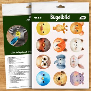 Bügelset Tiere – 12 niedliche Aquarell Tierköpfe zum Aufbügeln für Kinder Kleidung, Babybody & DIY Textilprojekte