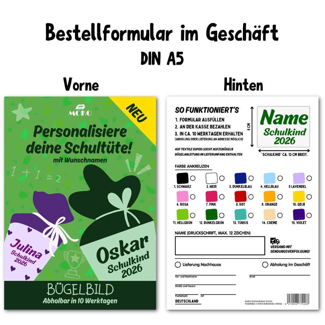 Personalisierter Name und Farbe Schulkind Bügelbild, Kommissionsware – Bild 2
