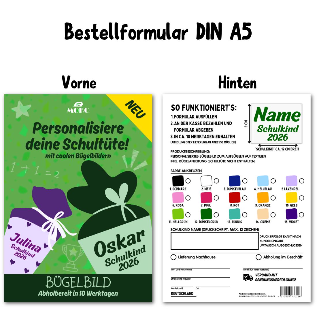 Personalisierter Name und Farbe Schulkind Bügelbild, Kommissionsware – Bild 3
